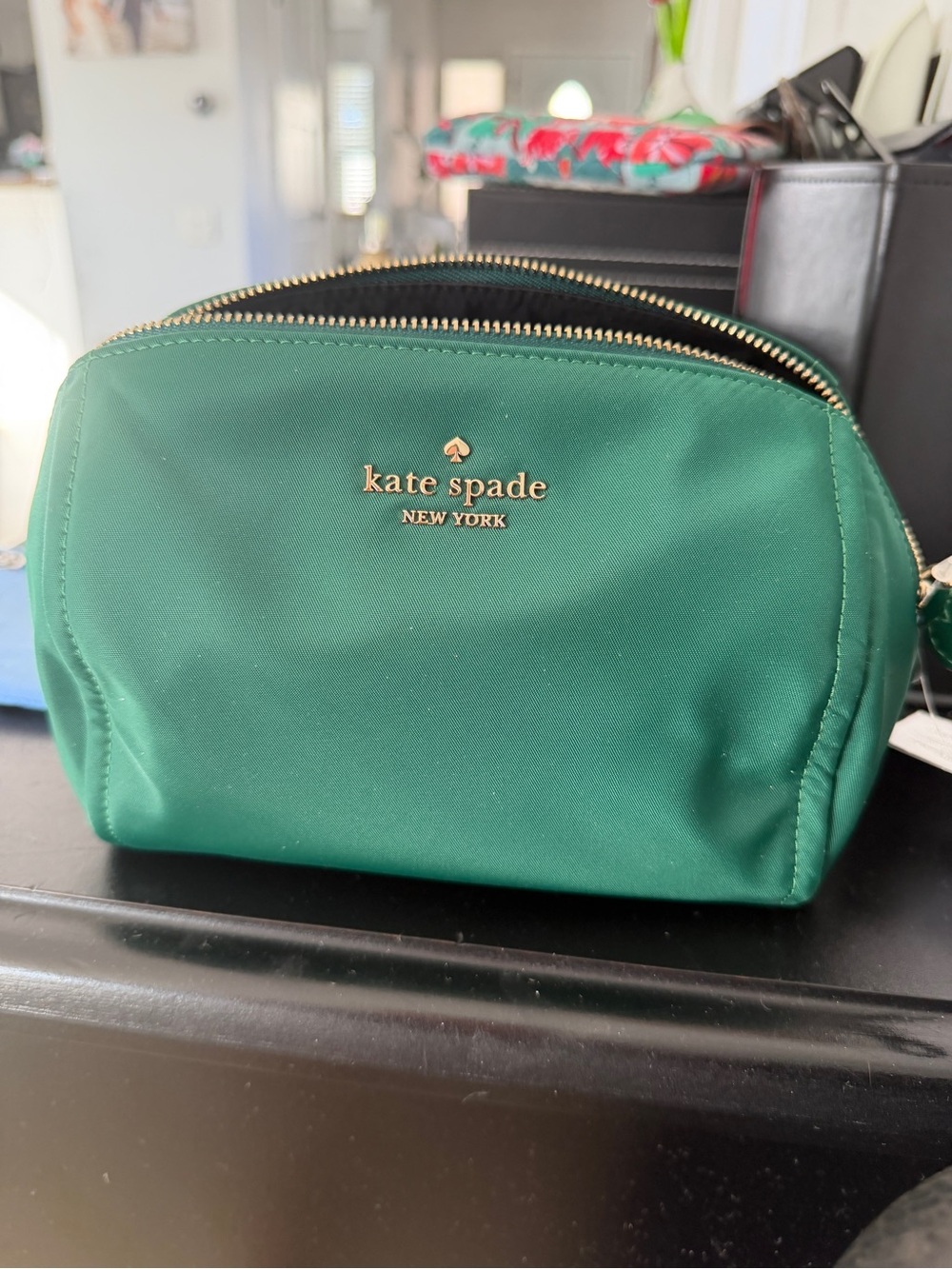 kate spade Green Nylon Cosmetic Pouch with Gold Hardware